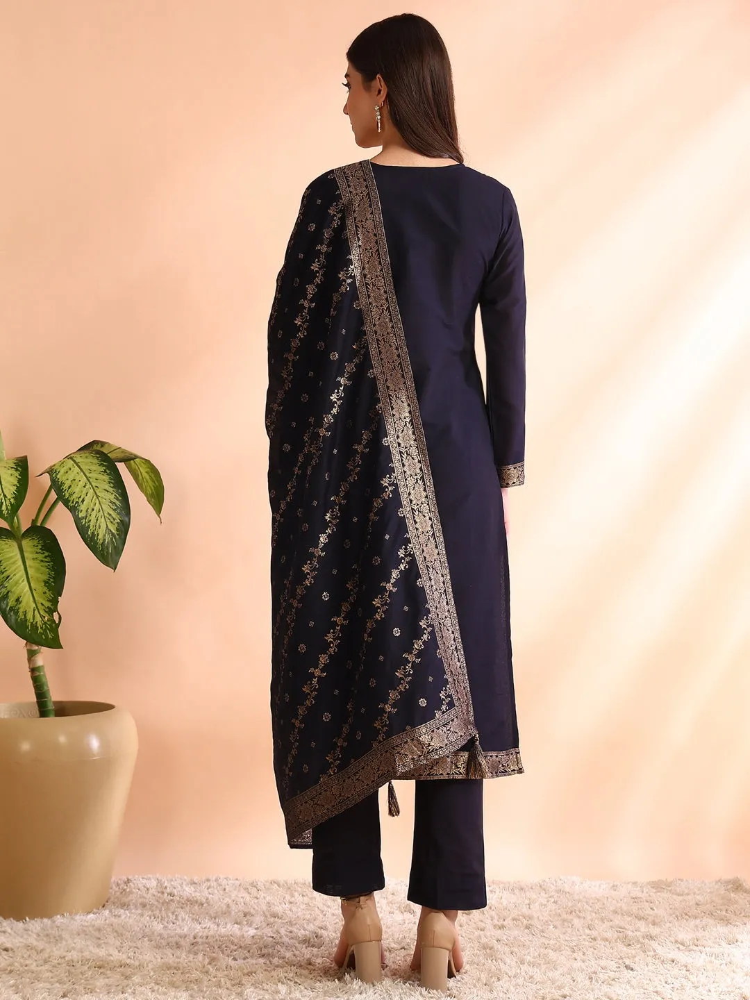 Women Navy Blue Chanderi Cotton Solid Woven Design Straight Kurta Trouser With Dupatta