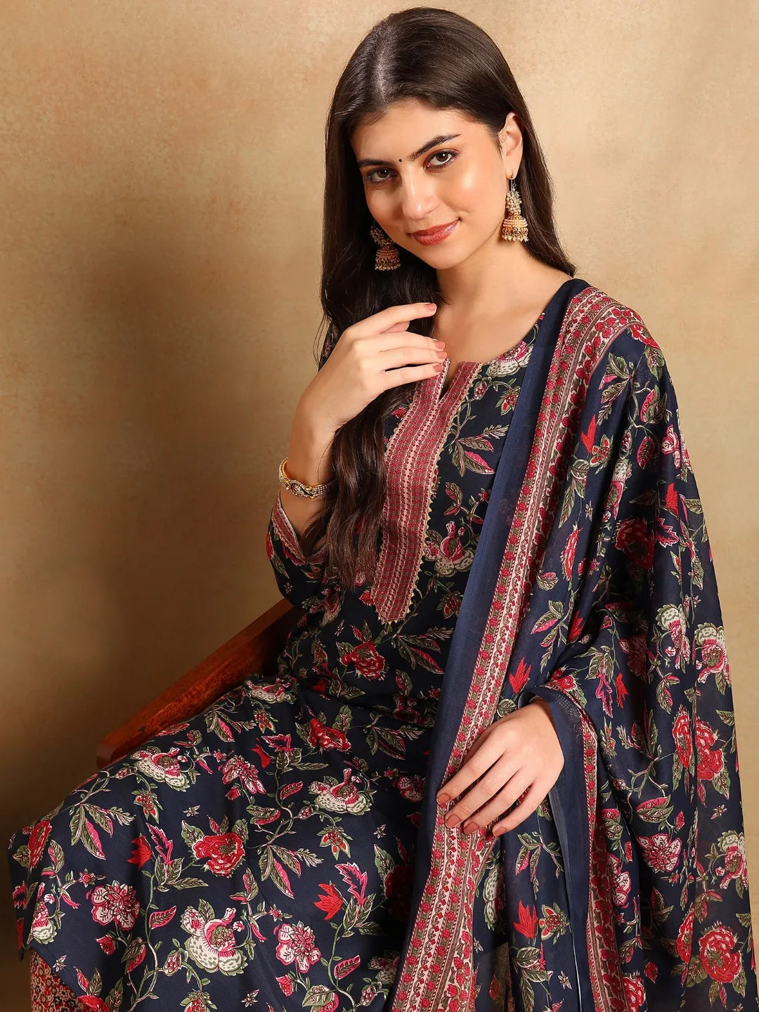 Women Navy Blue Rayon Blend Floral Printed Straight Kurta Trousers With Dupatta