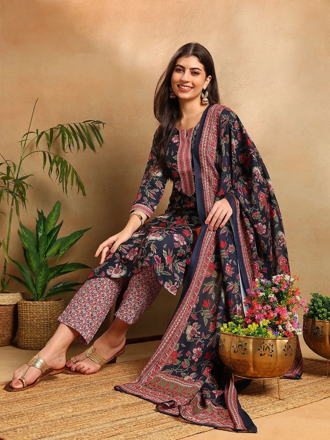 Women Navy Blue Rayon Blend Floral Printed Straight Kurta Trousers With Dupatta