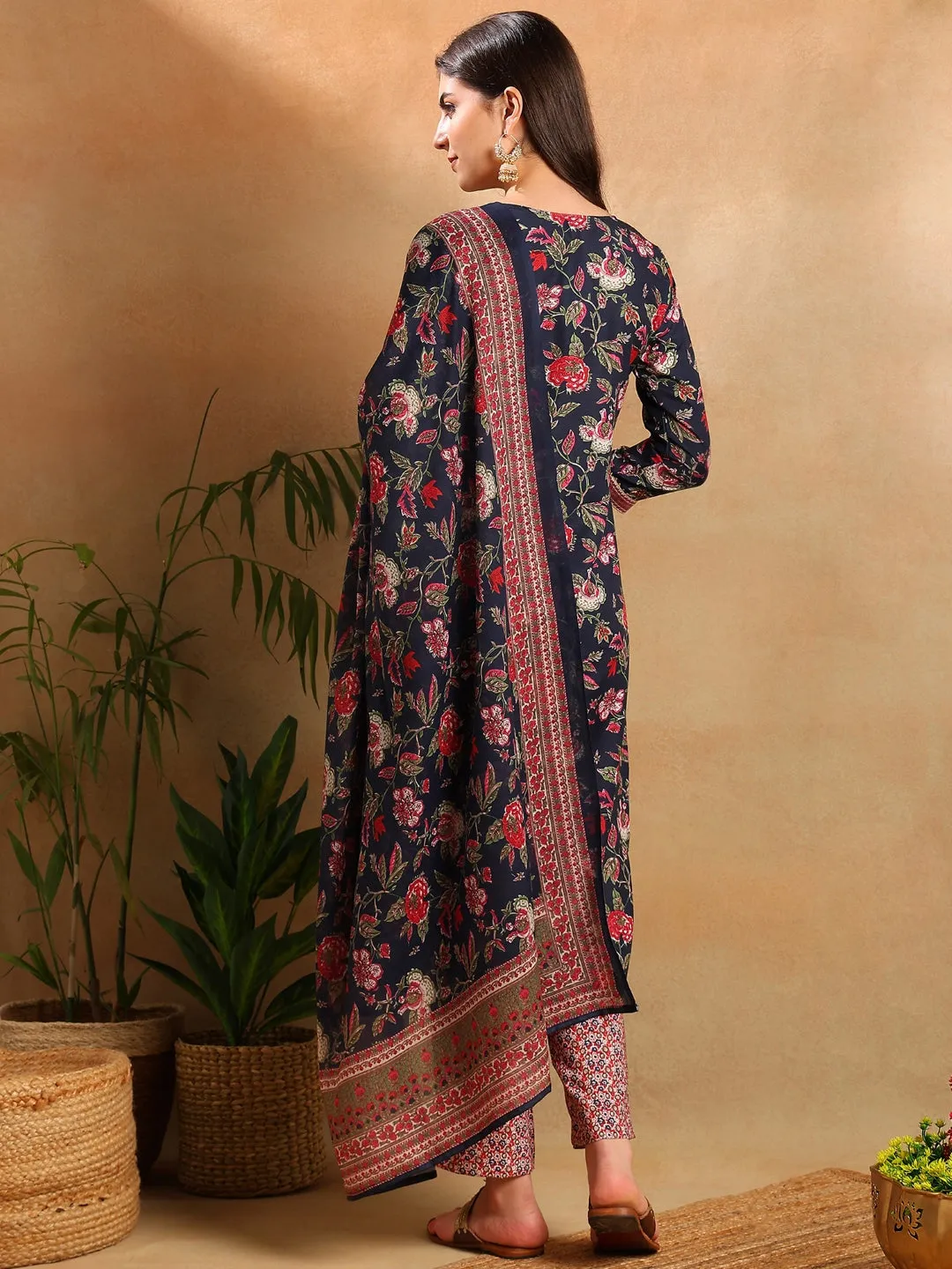 Women Navy Blue Rayon Blend Floral Printed Straight Kurta Trousers With Dupatta