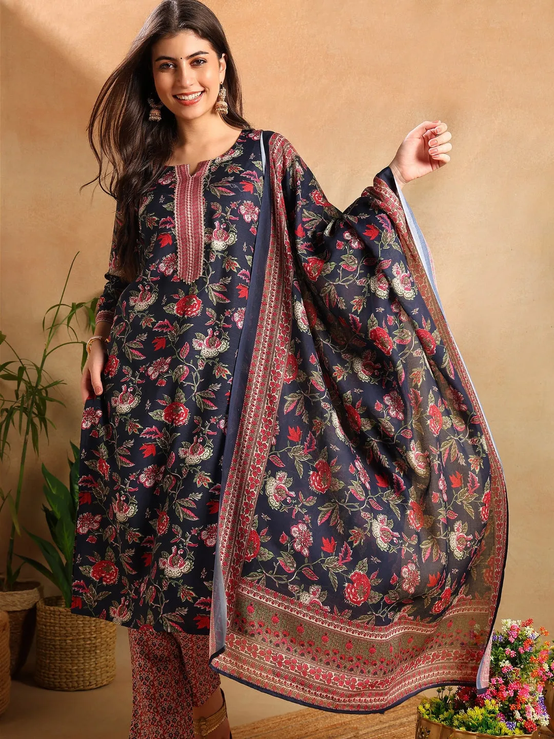 Women Navy Blue Rayon Blend Floral Printed Straight Kurta Trousers With Dupatta