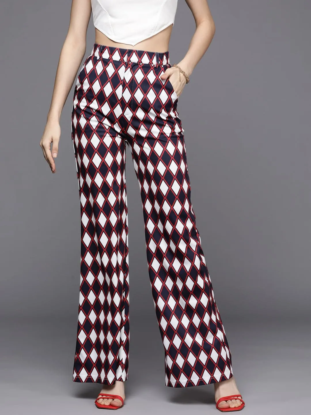 Women Navy Geometric Bellbottom Pants