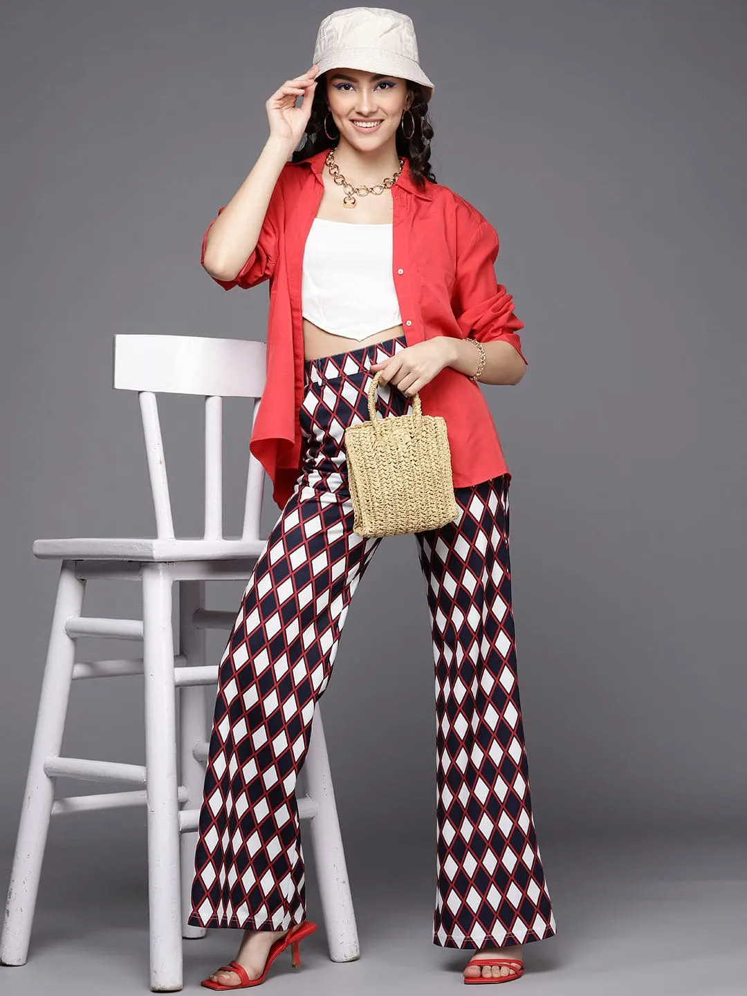 Women Navy Geometric Bellbottom Pants