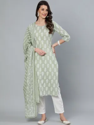 Women Sage Green & Off-White Printed Straight Kurta With Plazzo  & Dupatta