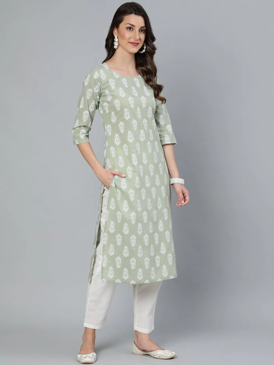 Women Sage Green & Off-White Printed Straight Kurta With Plazzo  & Dupatta