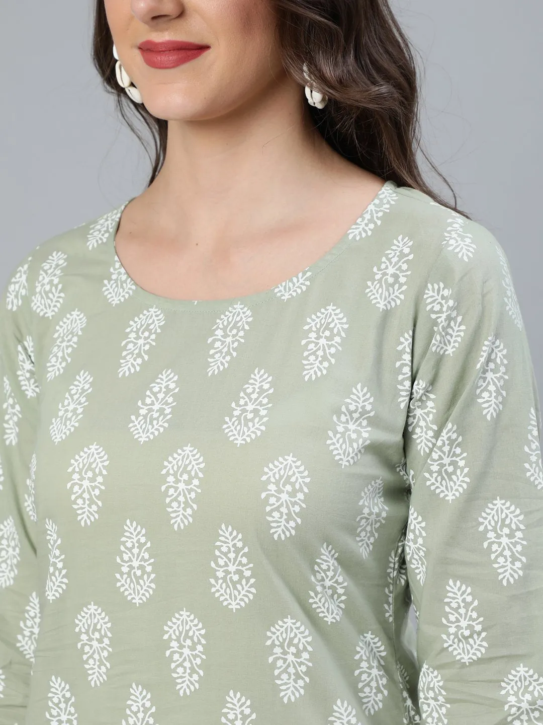 Women Sage Green & Off-White Printed Straight Kurta With Plazzo  & Dupatta