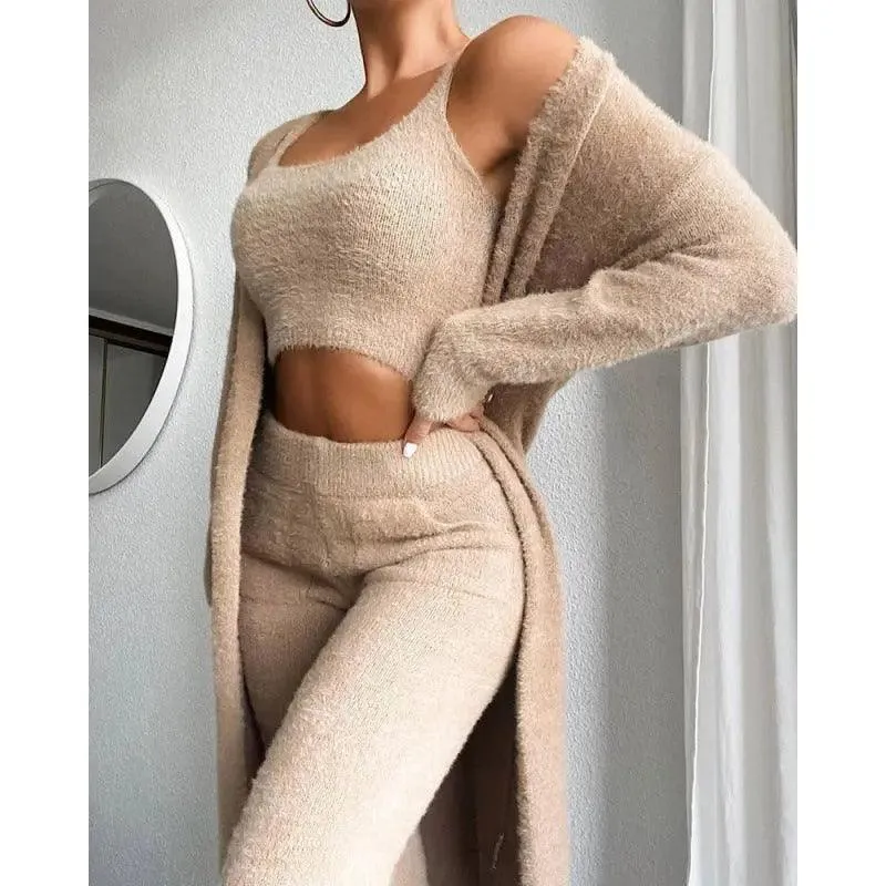 Women Sexy V-Neck Plush Vest and Trousers Set