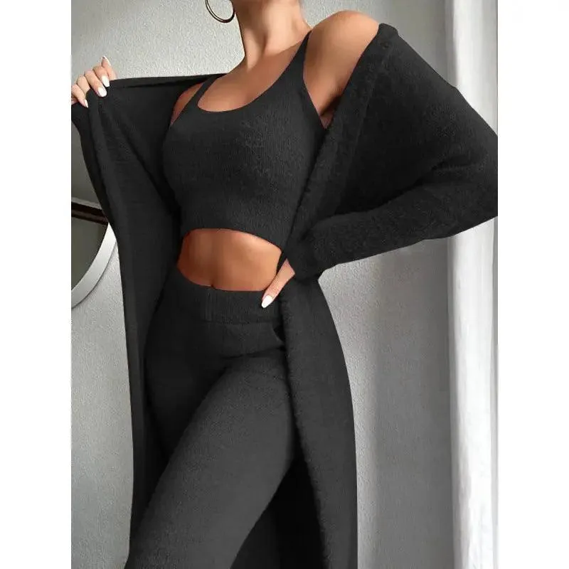 Women Sexy V-Neck Plush Vest and Trousers Set