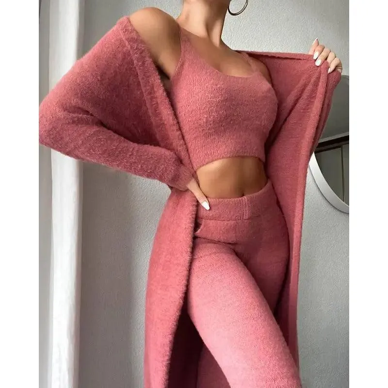 Women Sexy V-Neck Plush Vest and Trousers Set