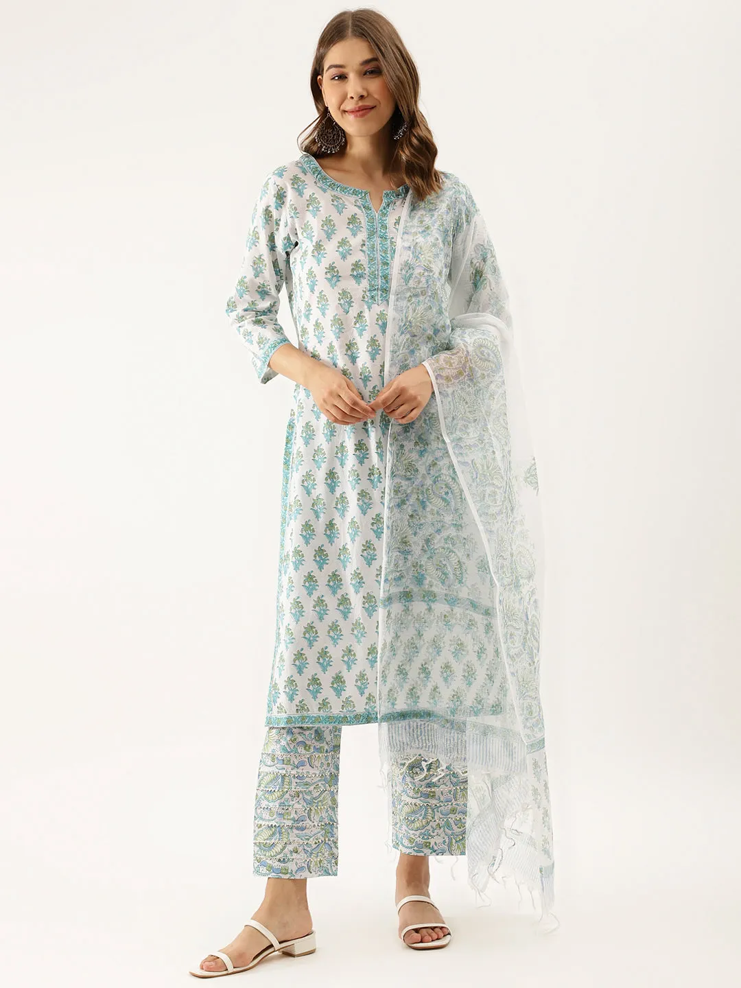 Women White Sea blue Handblock Floral Printed Cotton Kurta Set with Kota Doria Dupatta