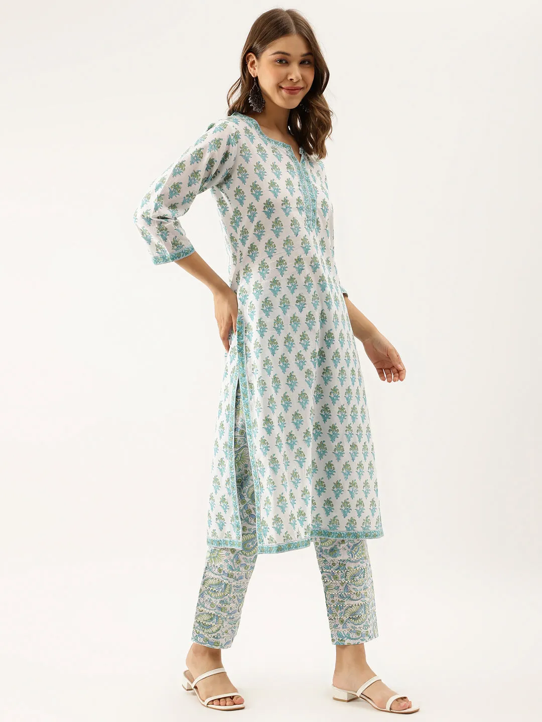 Women White Sea blue Handblock Floral Printed Cotton Kurta Set with Kota Doria Dupatta