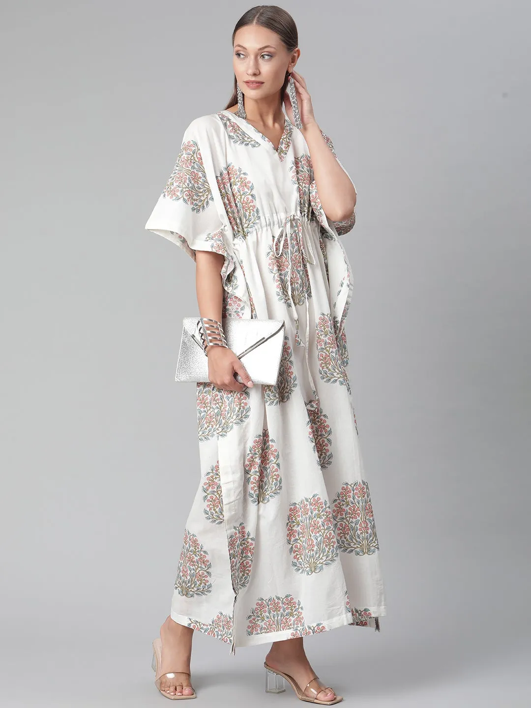 Women'S White Floral Cotton Kaftan