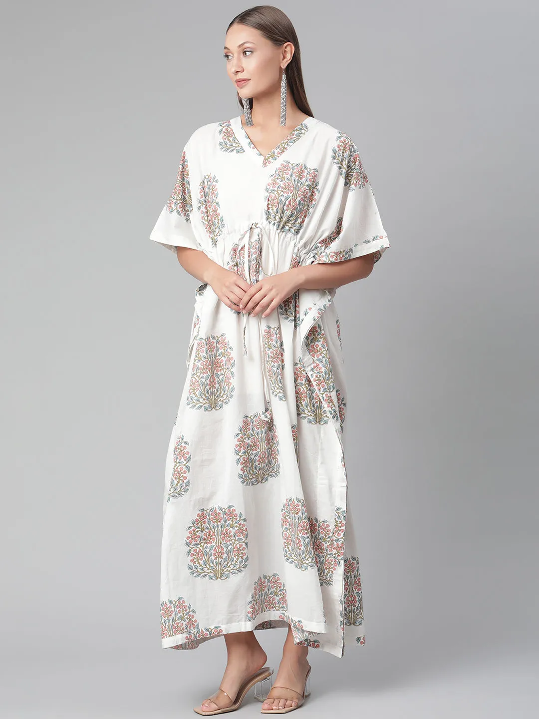 Women'S White Floral Cotton Kaftan