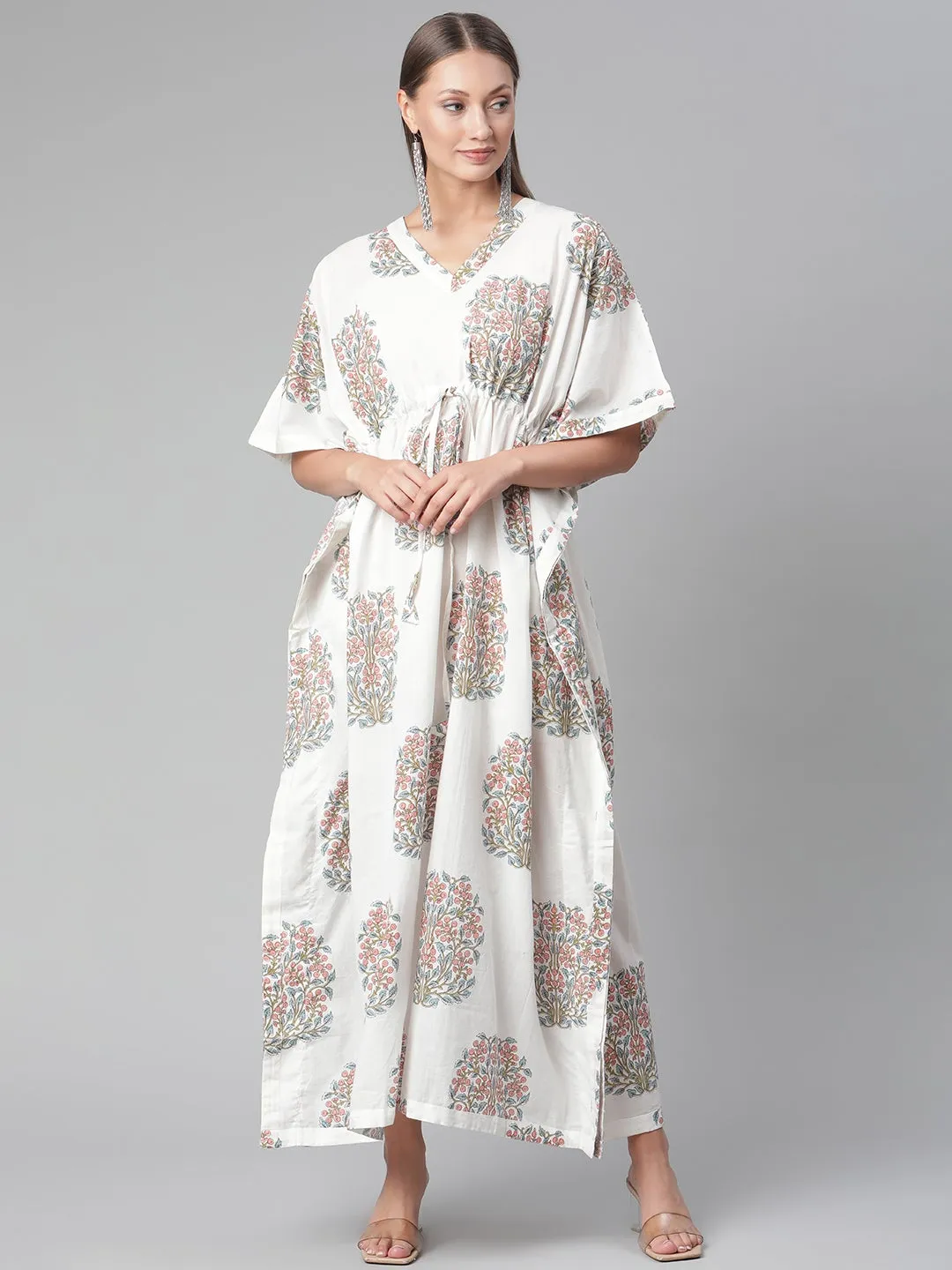 Women'S White Floral Cotton Kaftan