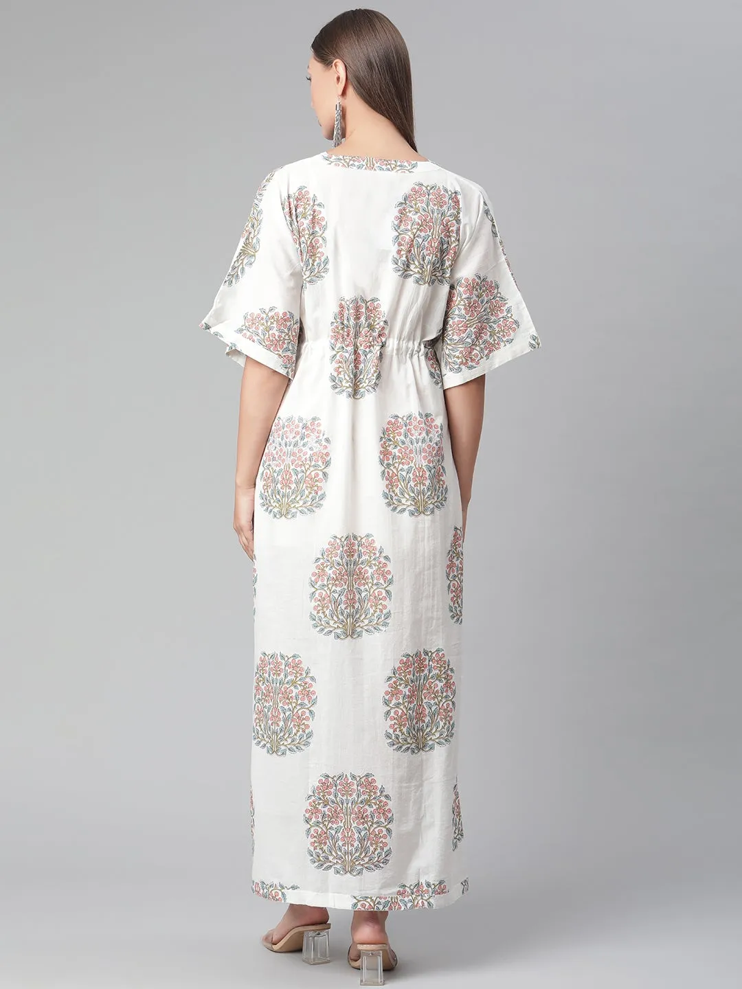 Women'S White Floral Cotton Kaftan