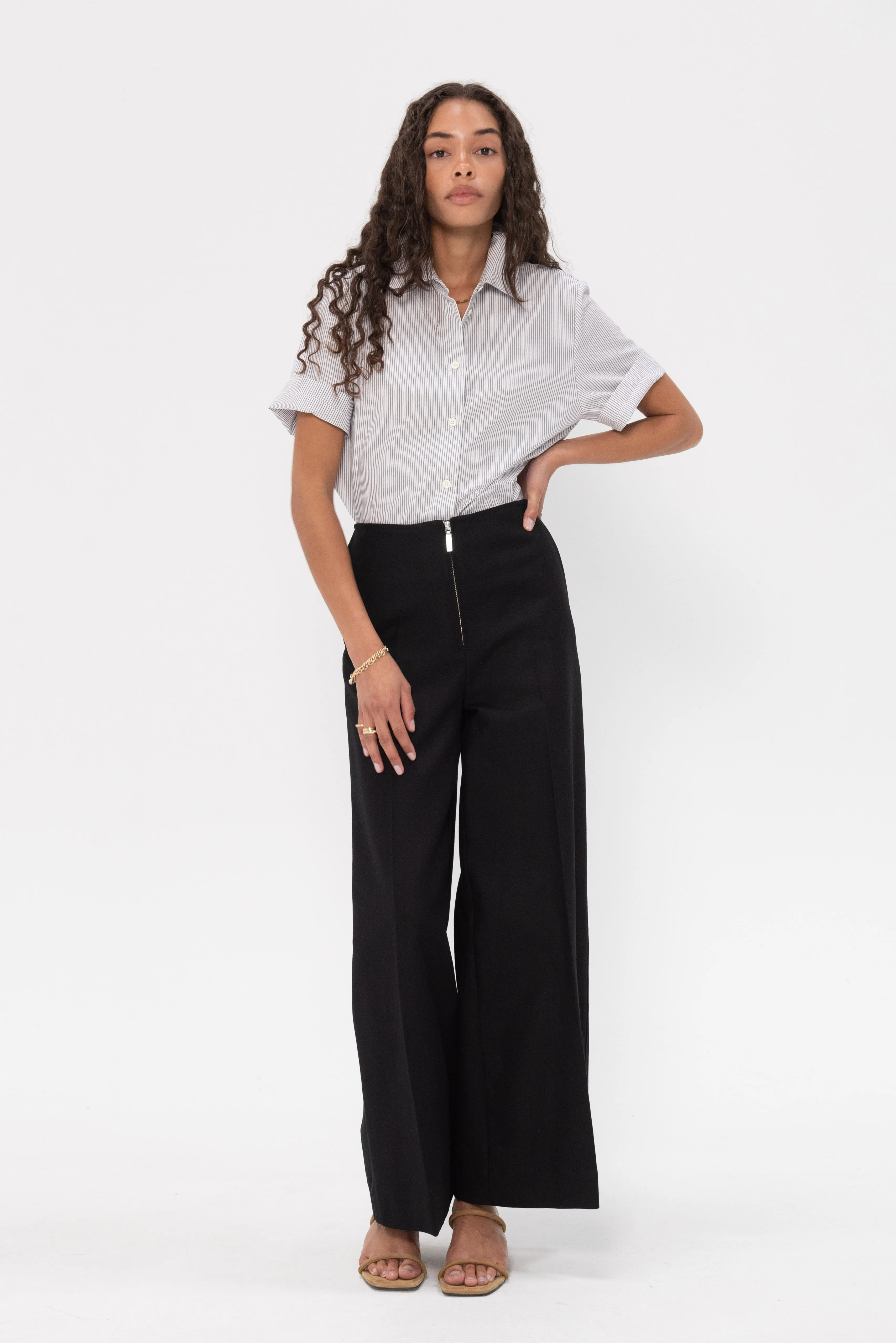 Zip-Front Wide Trousers, Black